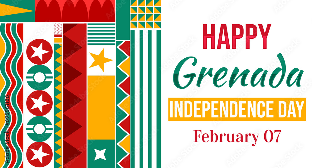 Happy Grenada Independence Day colorful background in traditional color with typography and shapes. February 7 is celebrated as Independence Day in Grenada, backdrop - obrazy, fototapety, plakaty 