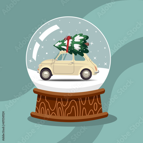 A snow globe, a car carrying a Christmas tree. 