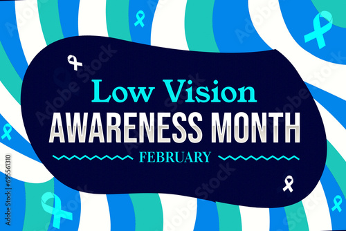 Low Vision Awareness Month background with blue shapes, ribbon and text in the center. January is low vision awareness month