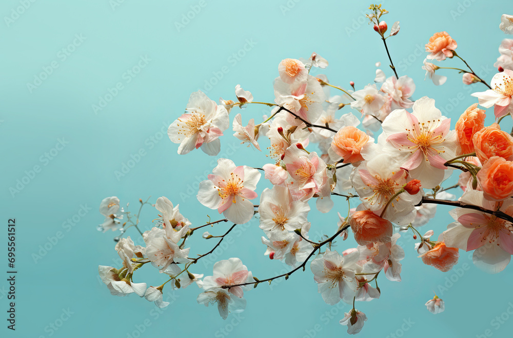 Spring flowers of a blooming apple tree on a blue background