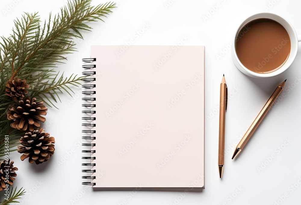 Festive winter background with notebook and cup of coffee for planning in light color color Festive winter background with notebook and cup of coffee for planning in light color color