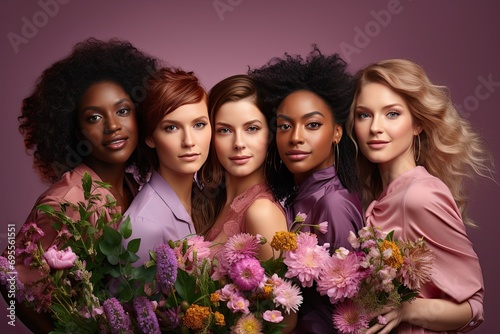Beautiful girls of different nationalities with flowers