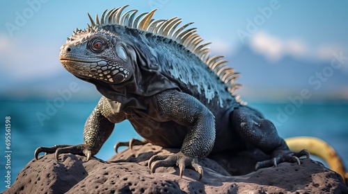 A daytime capture was made of a marine iguana on the rocks near the beach.