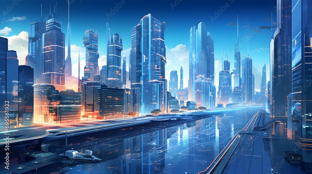 Cityscape with high-rise buildings in the evening. 3d rendering