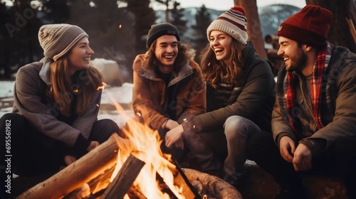 A group of happy young people gathered around a campfire, embodying friendship and fun during a camping adventure in the snowy desert photo