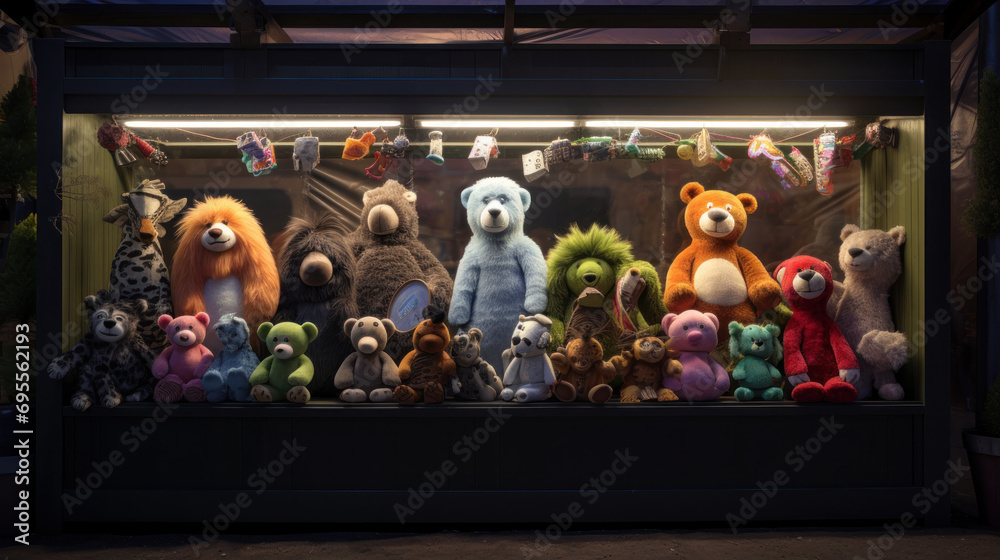 A prize booth displaying an array of stuffed animals and toys.