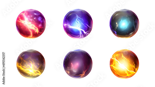 Lightning spheres emit a mystical spark and glow. A vibrant cartoon set showcases glowing orbs with diverse electric effects isolated on a transparent background. Generative AI.