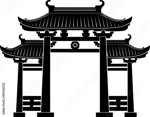 Chinese gate icon in the park black silhouette. AI generated illustration.