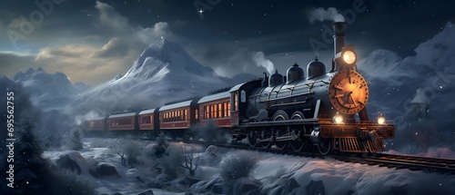 The old steam locomotive in the snowy mountains at night. Panorama