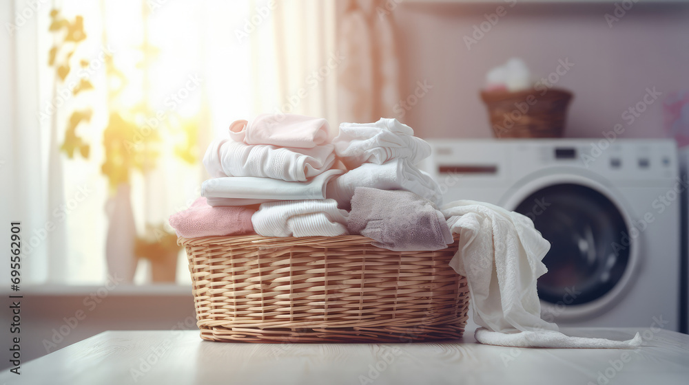 Laundry clothes stacked in a wicker basket in the bathroom next to the washing machine - obrazy, fototapety, plakaty 