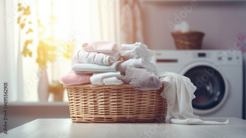 Laundry clothes stacked in a wicker basket in the bathroom next to the washing machine photo