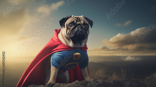 A pug dressed as a superhero complete with a cape. photo