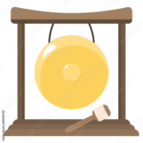 Massive bronze or brass musical instrument Gong. Percussion metal musical instrument. The folk Asian orchestral instrument Tamtam. Flat drawing style. Isolated on a white background.