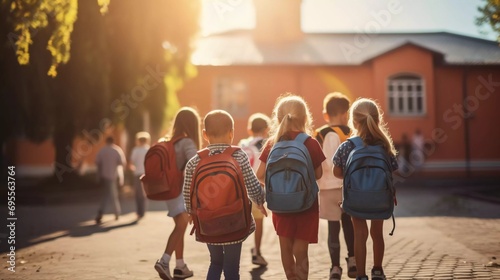 A group of young children walk together in front of the classroom, united in friendship, embodying the concept of back to school on the first day of school in the fall