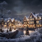 Winter landscape with houses, trees and lake at night. 3d rendering