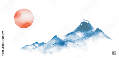 Elegant oriental watercolor landscape with blue mountains and red sun in traditional Asian ink art style sumi-e, serene and tranquil. Hieroglyph - zen
