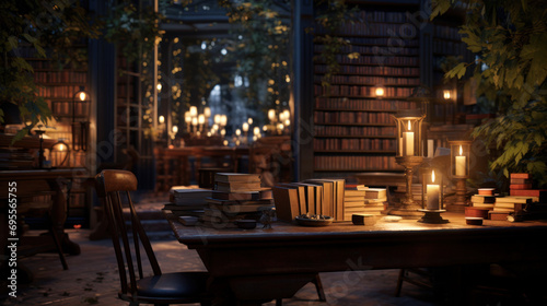 A romantic setup in a bookstore or library.