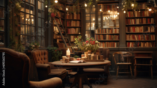 A romantic setup in a bookstore or library.