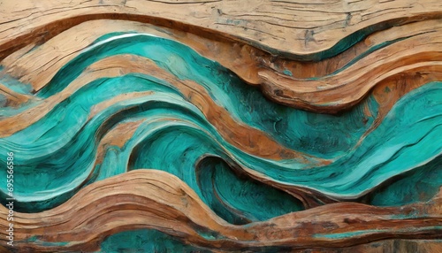 Abstract art of layered wood with natural brown and vibrant turquoise patterns, resembling topographical lines or flowing water. photo
