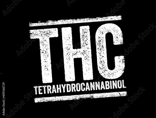 THC - Tetrahydrocannabinol is the principal psychoactive constituent of cannabis, text concept stamp