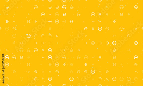 Seamless background pattern of evenly spaced white no overtaking signs of different sizes and opacity. Vector illustration on amber background with stars