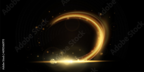 Light effect of shiny gold lines.Gold color glowing design element.Wavy bright stripes.
