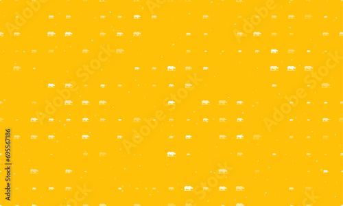 Seamless background pattern of evenly spaced white wild rhino symbols of different sizes and opacity. Vector illustration on amber background with stars
