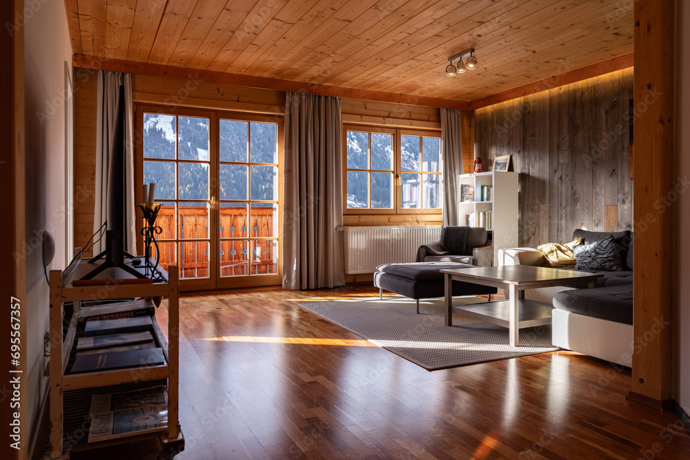 Fototapeta premium Hotel room made of natural materials, mountain view, eco-friendly holiday concept, Austria