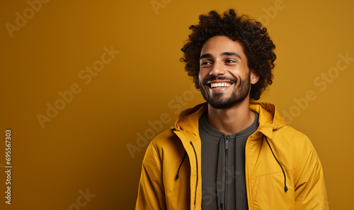 smiling african american man in yellow jacket on yellow background. ai generated