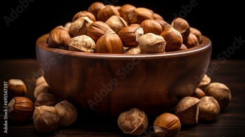 A high-definition photograph highlighting a bowl of freshly shelled hazelnuts, emphasizing their rich, earthy flavor and the smooth appearance of the nutmeat.