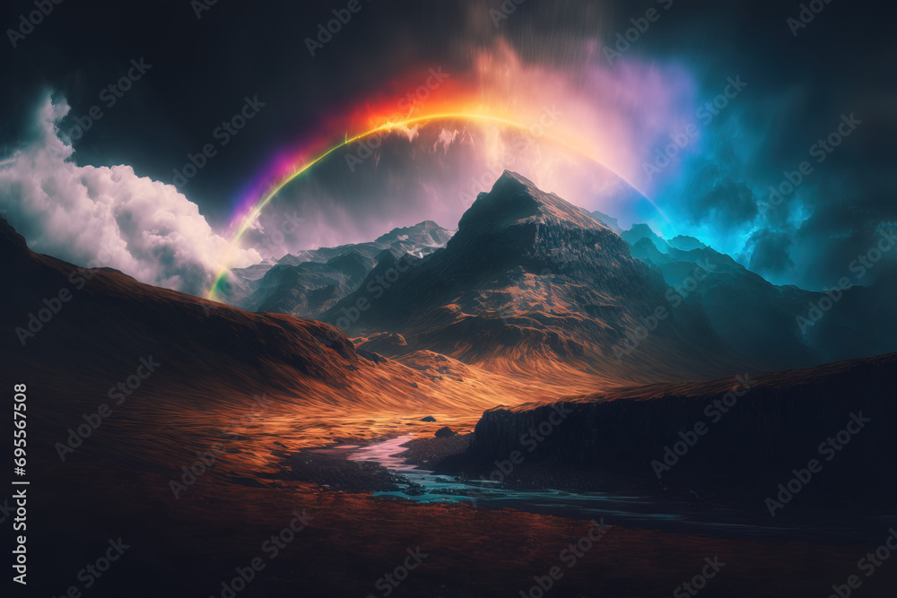  rainbow appears in the sky over mountains