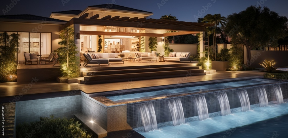 A contemporary backyard oasis with a pool and a series of strategically placed spotlights, each spotlight casting 3D intricate, spotlight patterns on the water, spotlight symphony