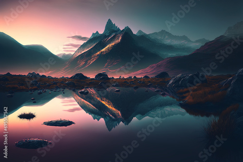 mountain range with light reflecting over water, photo
