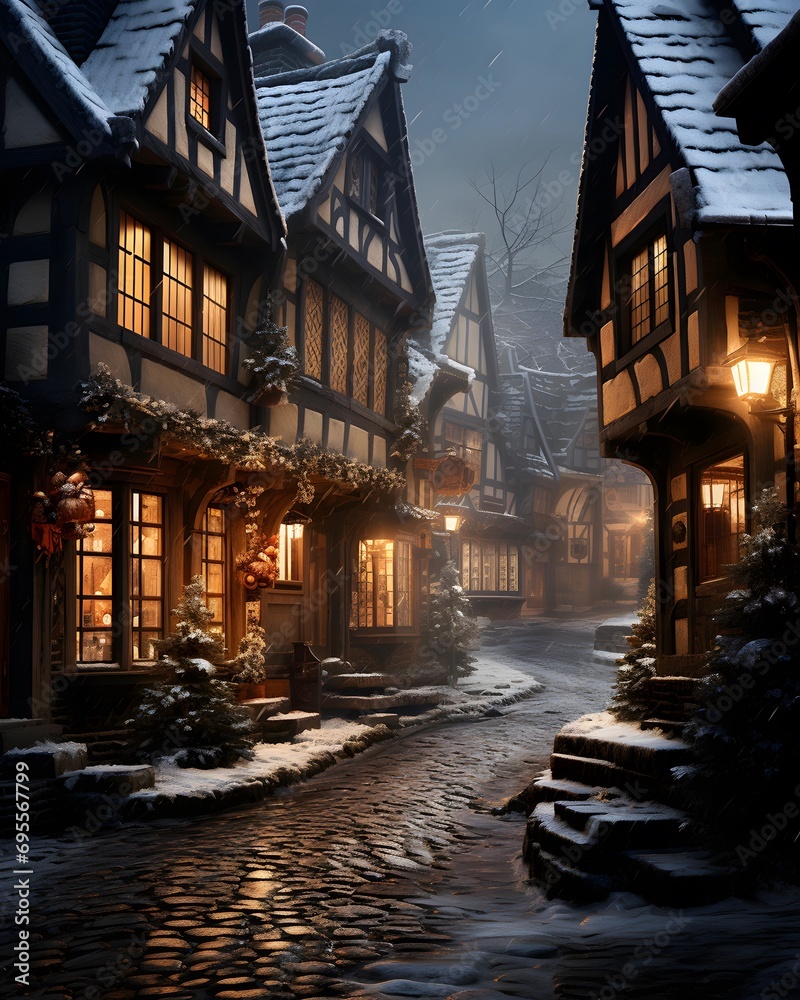 Winter street in the old town of Riquewihr, Germany