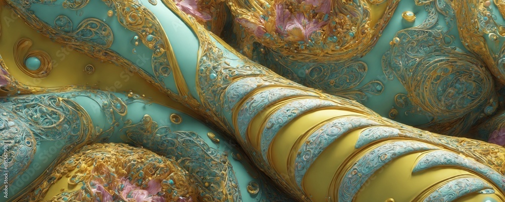 a close up of a gold and blue wallpaper