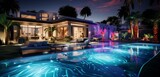 A contemporary backyard oasis with a pool and a multicolor laser light show, the lasers creating 3D intricate, dynamic patterns, laser light luxury