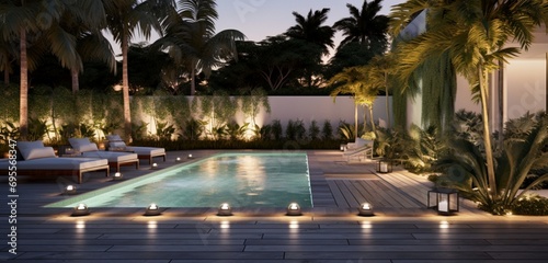 A contemporary backyard featuring a pool with a white marble deck, illuminated by rose gold lights, casting 3D intricate, elegant patterns, marble and rose gold