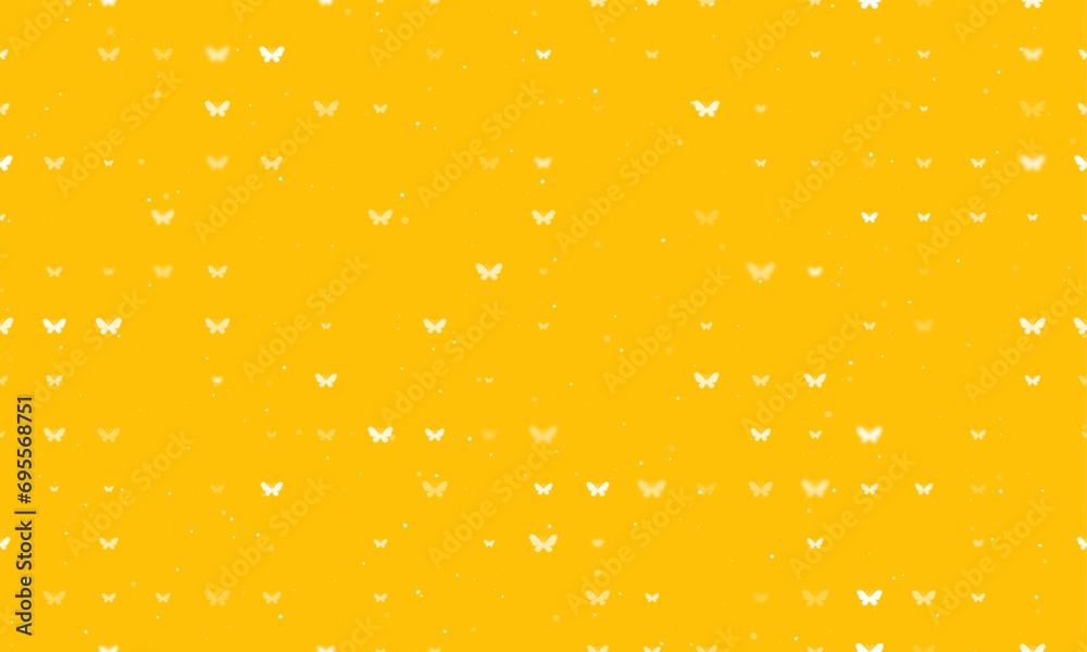 Seamless background pattern of evenly spaced white butterfly symbols of different sizes and opacity. Vector illustration on amber background with stars Seamless background pattern of evenly spaced white butterfly symbols of different sizes and opacity. Vector illustration on amber background with stars