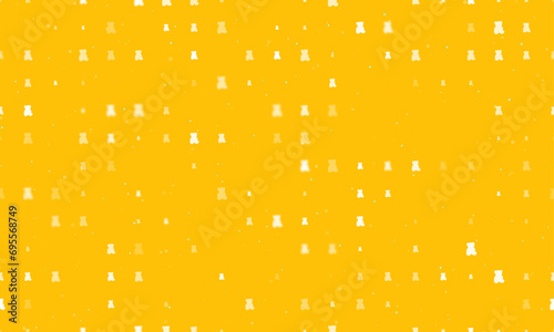 Seamless background pattern of evenly spaced white teddy bear symbols of different sizes and opacity. Vector illustration on amber background with stars