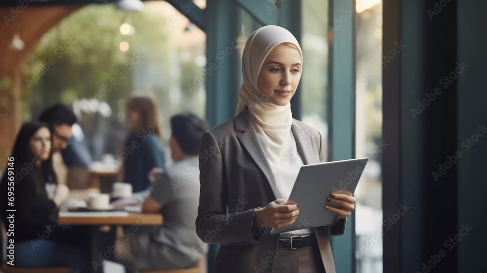 Businesswoman in hijab holding meeting to discuss business project funding, holding tablet for presentation to fellow businesspeople