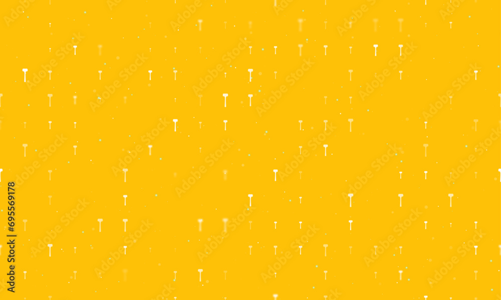 Seamless background pattern of evenly spaced white mallet symbols of different sizes and opacity. Vector illustration on amber background with stars