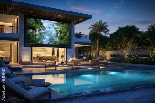 A contemporary luxury backyard with a pool and a digital projection screen alongside  displaying vibrant  moving images that cast 3D intricate  cinematic patterns on the water  movie magic