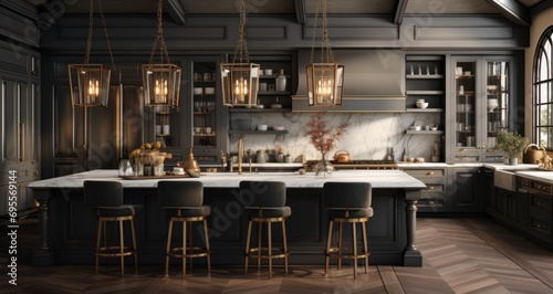 a large kitchen with a marble island and gold pendant lights photo