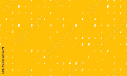 Seamless background pattern of evenly spaced white owl symbols of different sizes and opacity. Vector illustration on amber background with stars
