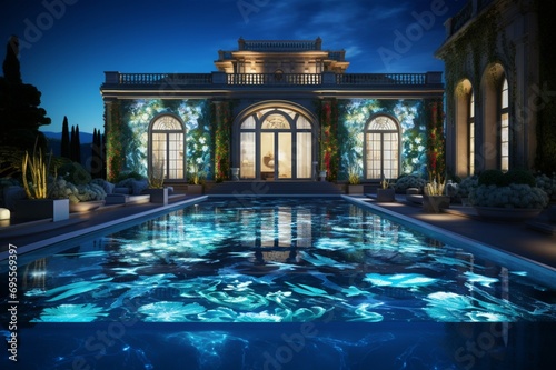 A grand backyard with a pool and a towering water screen for projection mapping, creating 3D intricate, animated patterns in the evening