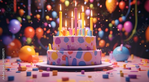 a cake with candles sitting on a table with presents