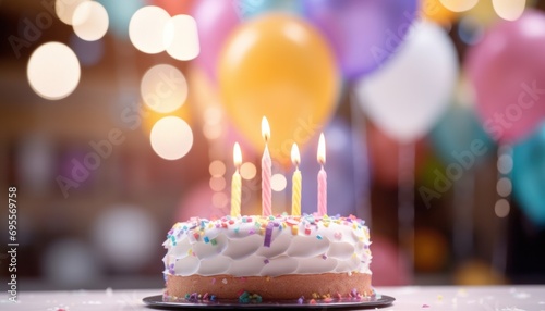 a birthday cake is displayed with lit candles on top