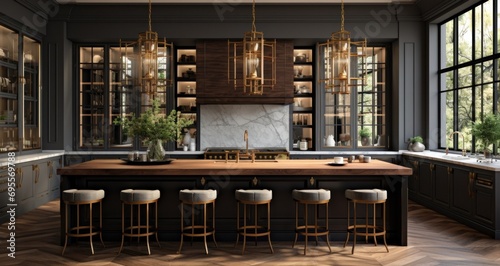 a large kitchen with a marble island and gold pendant lights