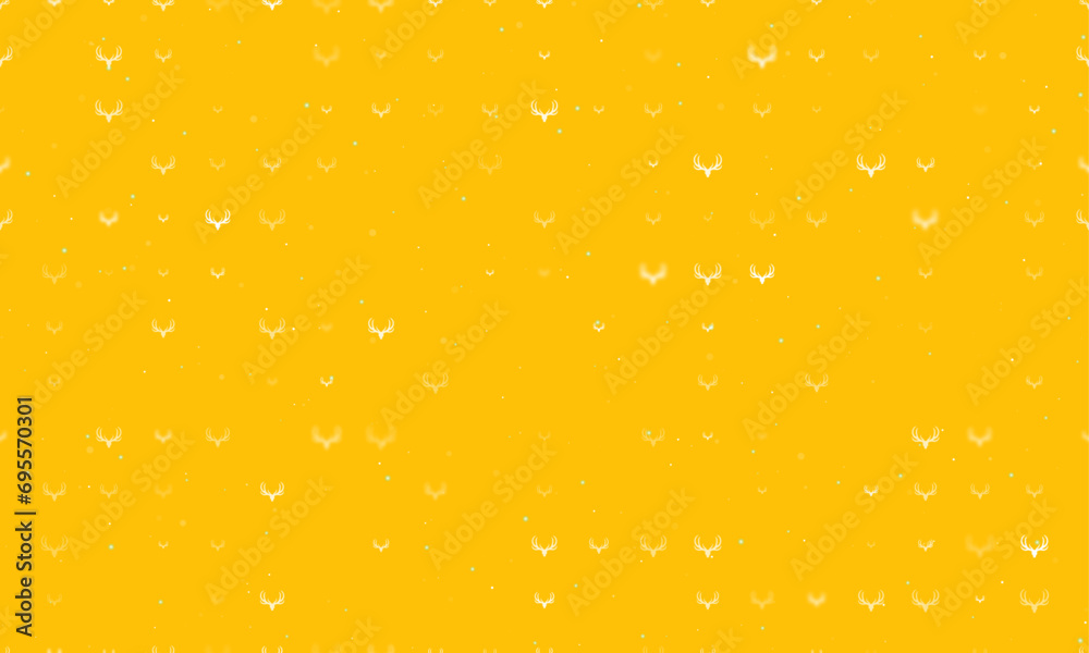 Seamless background pattern of evenly spaced white deer horns symbols of different sizes and opacity. Vector illustration on amber background with stars Seamless background pattern of evenly spaced white deer horns symbols of different sizes and opacity. Vector illustration on amber background with stars
