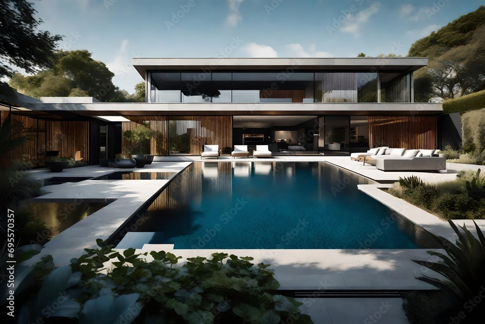 A contemporary house with a sleek exterior, surrounded by water features and perfectly landscaped gardens, creating a tranquil and luxurious ambiance.